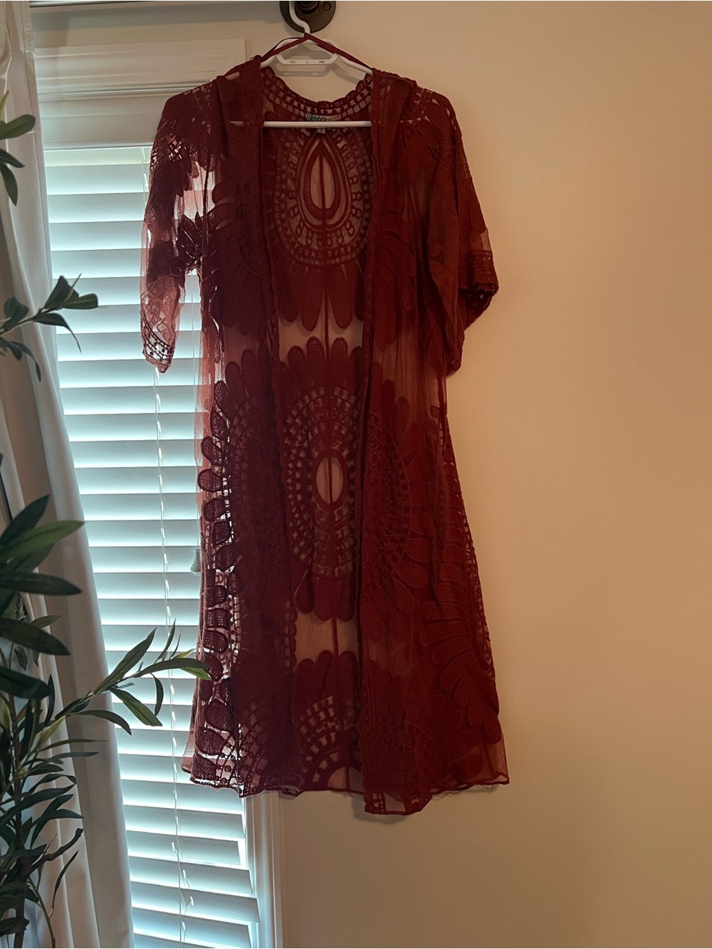 Sheer Crochet Maxi Kimono in Wine